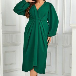 V-Neck Balloon Sleeve Midi Dress